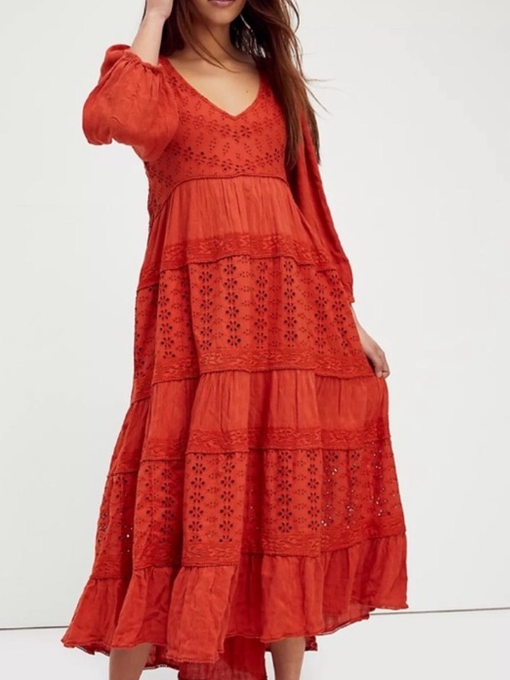 Free People Mockingbird Tiered Eyelet Maxi Dress burnt orange